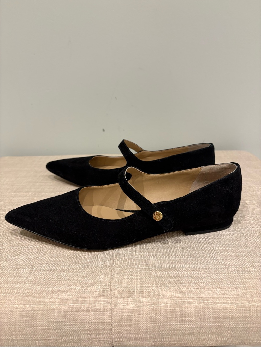Lauren Ralph Lauren Black Suede Mary Jane Pointed-Toe Flats with Gold Button